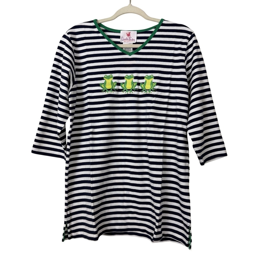 NWT Quacker Factory Stripped Frog Shirt Top Sz M Blue White Beaded Nautical New